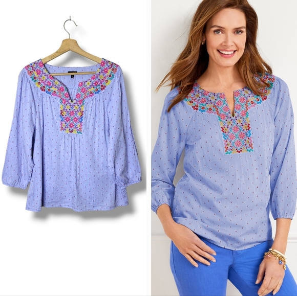 Talbots Tops - Talbots Floral Embroidered Chambray Blouse Size L
